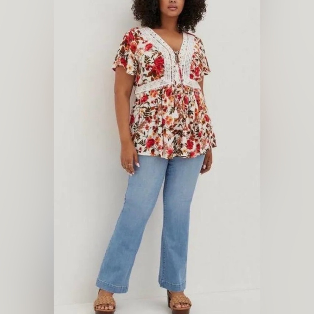 NWT Torrid Floral Babydoll Blouse Red Orange Size 1